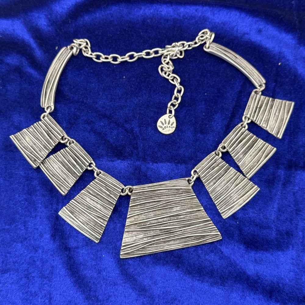 Mozaic Necklace Bib Brutalist Silver Tone Signed 20"